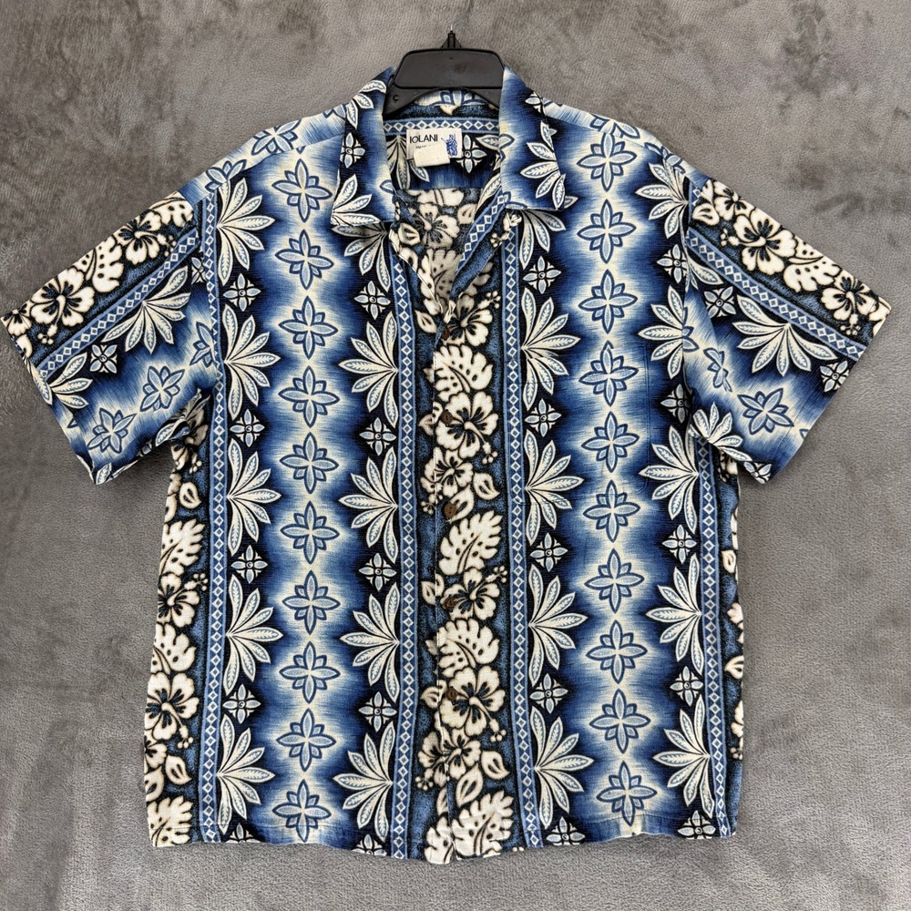 Iolani Shirt Mens XL Aloha Blue Floral Hibiscus Button Down Made in Hawaii EUC